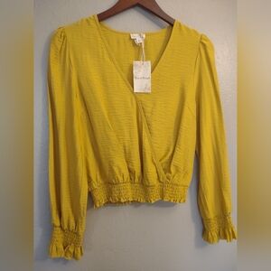 Hem & Thread Mustard Yellow Surplice V-Neck Smocked Crop Top - Size Small - NWT